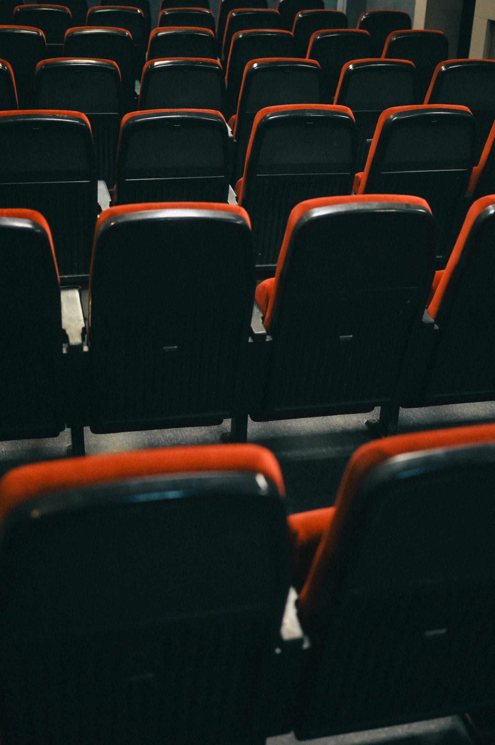 Rows of empty theater seats with red and black design, capturing the essence of anticipation in an indoor setting.